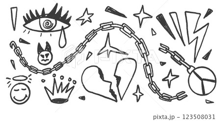 Rock charcoal drawn set. Punk breaking heart doodle background. Scribble grunge poster elements. Heart, crown and chain sketch graffiti art. Angel and devil. Vector pencil isolated illustration Rock charcoal drawn set. Punk breaking heart doodle background. Scribble grunge poster elements. Heart, crown and chain sketch graffiti art. Angel and devil. Vector pencil isolated illustration 123508031