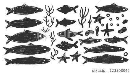 Fishes doodle set. Sardines hand drawn scribble School of fish in the sea. Vector monochrome nautical illustration by pencil isolated on white background. Crayon or chalk naive underwater life Fishes doodle set. Sardines hand drawn scribble School of fish in the sea. Vector monochrome nautical illustration by pencil isolated on white background. Crayon or chalk naive underwater life 123508043