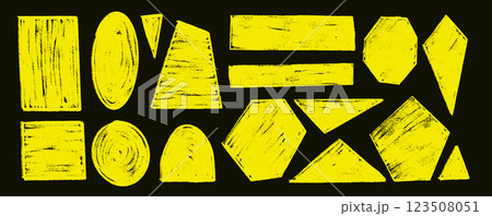 Kids crayon geometric shapes set. Text boxes maker textured frames. Rounded and square highlighting figures. Vector hand drawn quotation stickers shapes. grunge geometry callout design isolated 123508051