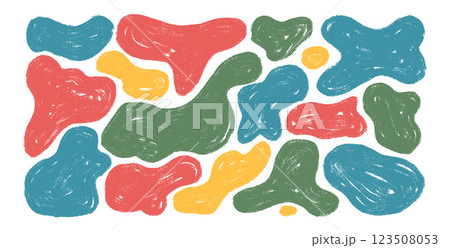 Colorful organic shapes set. Irregular crayon splodge figures. Abstract textured craft fluid. Uneven doodle shape splashes. Wavy blob stains. Curvy flat drops. Vector hand drawn naive illustration 123508053