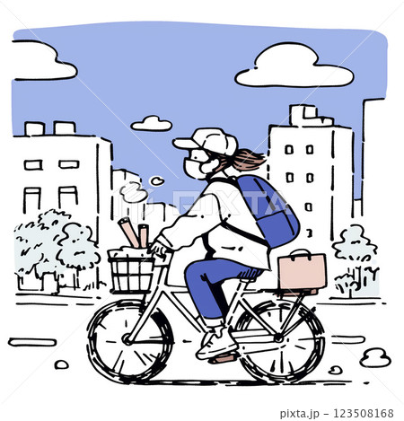 自転車で家に帰る買い物帰りの女性のイラスト 自転車で家に帰る買い物帰りの女性のイラスト 123508168
