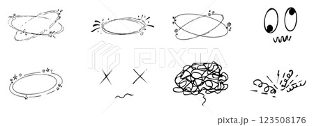 Dizzy effect, headache, sick drawing doodle comic set. dizziness faces, stars overhead anime emotions, crazy hand drawn line collection. 123508176