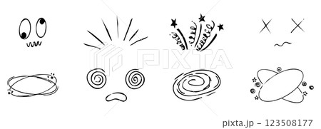 Dizzy effect, headache, sick drawing doodle comic set. dizziness faces, stars overhead anime emotions, crazy hand drawn line collection. 123508177