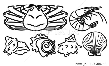 手描き魚介類 墨絵 挿絵 (かに、えび、ホタテ、サザエ) ベクターセット 123508262