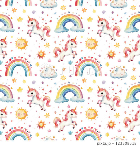 Seamless pattern with watercolor unicorns, rainbows, clouds, sun, and stars isolated on white background. 123508318
