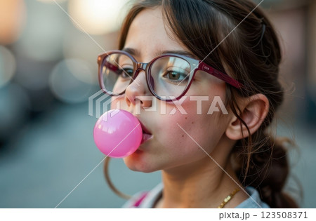 A girl joyfully chewing bubble gum while wearing funky glasses 123508371