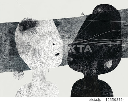 An abstract image features a couple sharing a close hug, their faces obscured in shadows, creating a sense of intimacy. The black and white artwork captures the essence of their relationship, 123508524