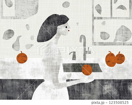 In a black and white portrait, a woman stands at a kitchen sink, washing fruits and vegetables with a thoughtful expression. The abstract artwork captures her in profile, blending everyday tasks with 123508525