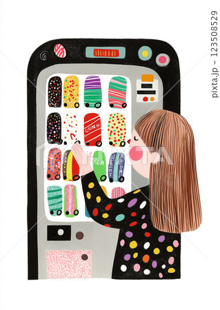 A young girl stands at a vending machine, choosing from a colorful assortment of drinks and snacks. A woman decides on a treat, easily selecting her preferred option. AI-generated illustration 123508529