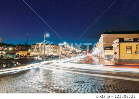 Helsinki, Finland. Night Traffic In Pohjoisesplanadi Street In Evening Or Night Illumination. Night stars shining above street 123508533