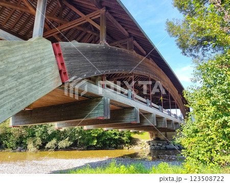 Wooden bridge close-up over the river 123508722