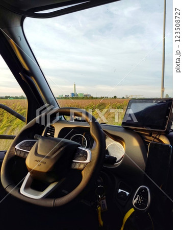 Steering wheel in truck cabin close up Steering wheel in truck cabin close up 123508727