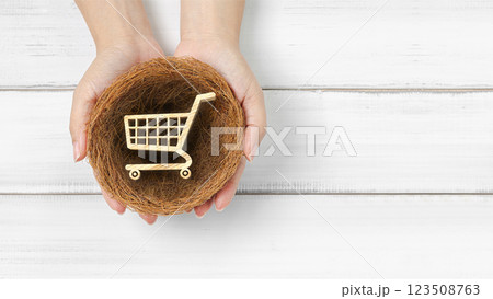 E-Commerce and Retail Growth: Hands Holding Wooden Shopping Cart Symbol in a Nest 123508763