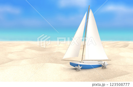 Miniature Sailboat and Starfish on Sandy Beach with Ocean in Background Miniature Sailboat and Starfish on Sandy Beach with Ocean in Background 123508777