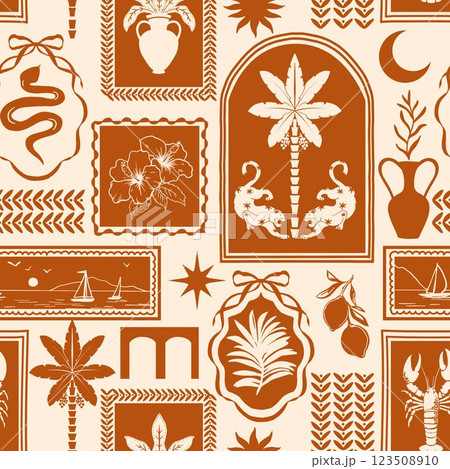 Patchwork vector tropical pattern featuring silhouettes of arches and frames, palm trees, hibiscus, palm leaves, leopards, and elegant vintage vases. Includes whimsical elements and bow 123508910