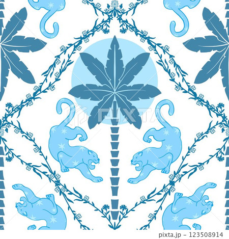 Tropical pattern featuring silhouettes of arches and frames, palm trees, hibiscus, palm leaves, leopards, and elegant vintage vases. Includes whimsical elements and bow Tropical pattern featuring silhouettes of arches and frames, palm trees, hibiscus, palm leaves, leopards, and elegant vintage vases. Includes whimsical elements and bow 123508914