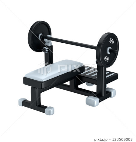 Stylized bench press rack with barbell on it isolated over white background, 3d render  Stylized bench press rack with barbell on it isolated over white background, 3d render  123509005