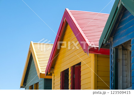 colorful beach houses, bathing boxes, change cubicles, at Muizenberg 123509415