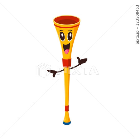 Cartoon funny vuvuzela musical instrument character, music personage. Isolated vector wind pipe, funny comic trumpet with happy smiling face, ready for party, festival celebration or sports tournament 123509453