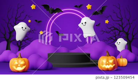 Kids Halloween podium. 3d vector platform featuring playful ghosts, glowing jack lanterns and bats flying over purple backdrop, surrounded by stars, clouds and bare trees, enhanced by a lit neon arch 123509454