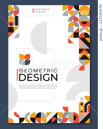 Abstract poster with geometric shapes pattern. Retro modern vector cover, vertical background with minimal figures. Trendy layout template with circle, triangle, dot, line and square vivid elements Abstract poster with geometric shapes pattern. Retro modern vector cover, vertical background with minimal figures. Trendy layout template with circle, triangle, dot, line and square vivid elements 123509476