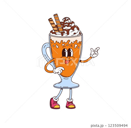 Cartoon groovy milkshake cup dessert character with playful expression. Isolated vector funny orange colored sweet cocktail glass retro personage with whipped cream swirl, wearing hippie sneakers 123509494