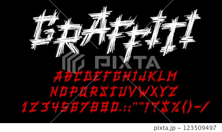 Dirt graffiti font, street cyberpunk type, rock music typeface, grunge english alphabet vector typography. Paint brush stroke letters and numbers with rough texture. Street art graffiti font alphabet 123509497