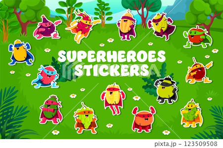Cartoon superhero tropical fruit characters stickers pack, vector comic super heroes. Funny apple with melon superhero, tangerine superman or grape defender with durian guardian in power mantle cape 123509508