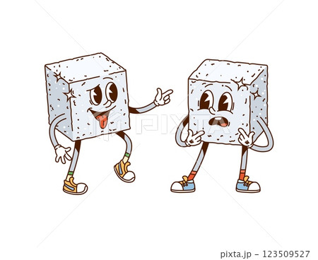 Sugar cube groovy happy characters. Pastry or tea glucose cubes, white sugar blocks vintage groovy isolated vector cheerful personages. Two pieces of sugar isolated cartoon happy mascots making jokes Sugar cube groovy happy characters. Pastry or tea glucose cubes, white sugar blocks vintage groovy isolated vector cheerful personages. Two pieces of sugar isolated cartoon happy mascots making jokes 123509527
