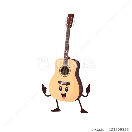 Cartoon funny acoustic guitar musical string instrument character. Isolated vector personage with smiling face showing thumbs up. Educational music classes for kids, festival, musician equipment store 123509528