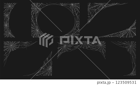 Halloween cobweb frame decorations. Halloween holiday creepy spider web, spiderweb sticky trap corner. Horror hanging cobweb isolated vector design element or scary tangled web frame borders set Halloween cobweb frame decorations. Halloween holiday creepy spider web, spiderweb sticky trap corner. Horror hanging cobweb isolated vector design element or scary tangled web frame borders set 123509531