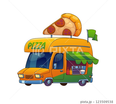 Pizza food truck car, festival street foodtruck van with a giant pizza slice on top. Cartoon vector retro vehicle with a yellow and green colors, open service window with kitchen equipment, and awning 123509538