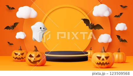 Kids 3d Halloween podium. Festive scene with playful ghost, pumpkins, bats, and clouds. Vector holiday orange studio background capturing the fun and spooky vibe for celebrations and seasonal parties Kids 3d Halloween podium. Festive scene with playful ghost, pumpkins, bats, and clouds. Vector holiday orange studio background capturing the fun and spooky vibe for celebrations and seasonal parties 123509568