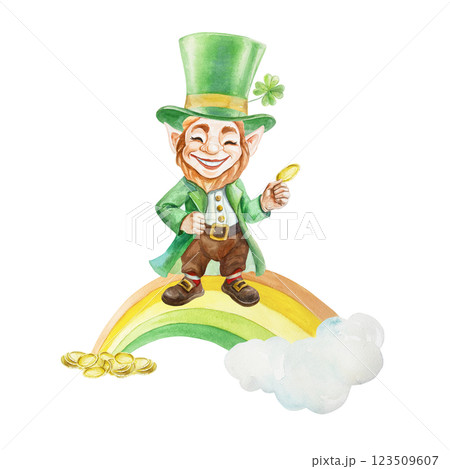 Leprechaun in a green top hat standing on a rainbow with a coin in his hands. Symbol of the holiday St. Patricks Day. Hand drawn watercolor illustration isolated. Postcards, invitations, banners. 123509607