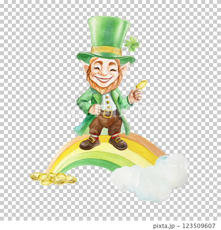 Leprechaun in a green top hat standing on a rainbow with a coin in his hands. Symbol of the holiday St. Patricks Day. Hand drawn watercolor illustration isolated. Postcards, invitations, banners. 123509607