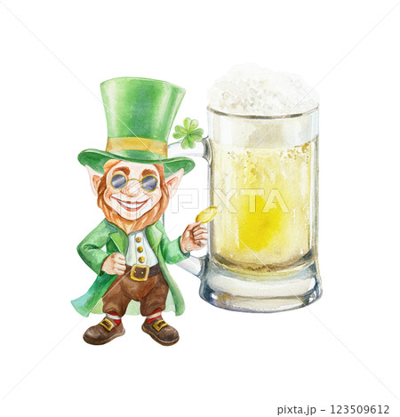 Leprechaun in green top hat and sunglasses standing near beer mug. Symbol of Saint Patricks Day holiday. Hand drawn watercolor illustration isolated. For postcards, invitations, banners, posters. Leprechaun in green top hat and sunglasses standing near beer mug. Symbol of Saint Patricks Day holiday. Hand drawn watercolor illustration isolated. For postcards, invitations, banners, posters. 123509612