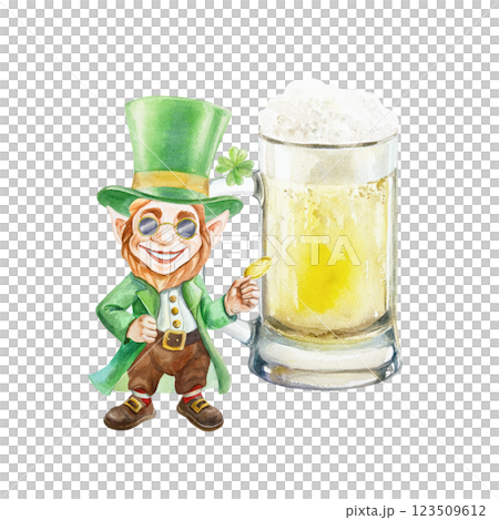Leprechaun in green top hat and sunglasses standing near beer mug. Symbol of Saint Patricks Day holiday. Hand drawn watercolor illustration isolated. For postcards, invitations, banners, posters. Leprechaun in green top hat and sunglasses standing near beer mug. Symbol of Saint Patricks Day holiday. Hand drawn watercolor illustration isolated. For postcards, invitations, banners, posters. 123509612
