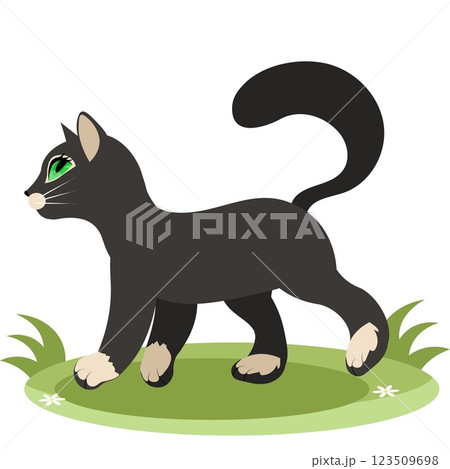 Cute animals. Vector cats. A black kitten walks on the grass. Vector animals collection. Children flat vector illustrations. Cute animals. Vector cats. A black kitten walks on the grass. Vector animals collection. Children flat vector illustrations. 123509698