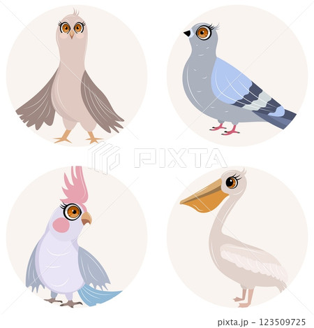 Cute zoo. Vector birds. Set of parrot, dove and pelican. Vector animals collection. Children's flat vector illustrations. 123509725