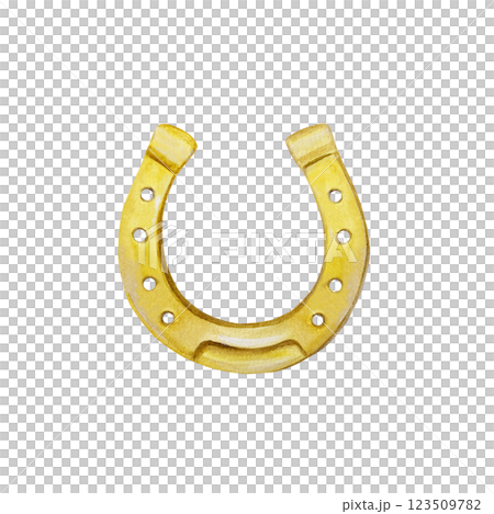 Golden horseshoe. St. Patricks Day holiday element. Hand drawn watercolor illustration isolated on white. For cards, invitations, banners, posters. 123509782