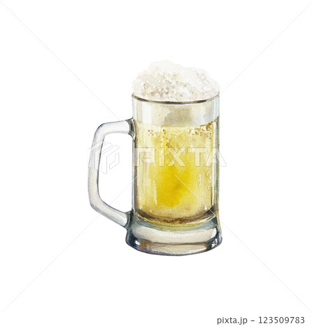 Beer with foam in a glass goblet. Hand drawn watercolor illustration isolated on white. For St. Patricks day cards, menu design, invitations, labels, banners, posters. Beer with foam in a glass goblet. Hand drawn watercolor illustration isolated on white. For St. Patricks day cards, menu design, invitations, labels, banners, posters. 123509783