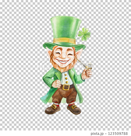 Leprechaun in green top hat standing with smoking pipe in hands. Symbol of Saint Patrick's Day holiday. Hand drawn watercolor illustration isolated on white. Postcards, invitations, banners, posters. Leprechaun in green top hat standing with smoking pipe in hands. Symbol of Saint Patrick's Day holiday. Hand drawn watercolor illustration isolated on white. Postcards, invitations, banners, posters. 123509788