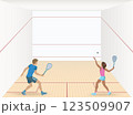 Woman and Man playing Squash Rackets. Indoor sport with ball, racket and playable surfaces of walls of the court. 123509907