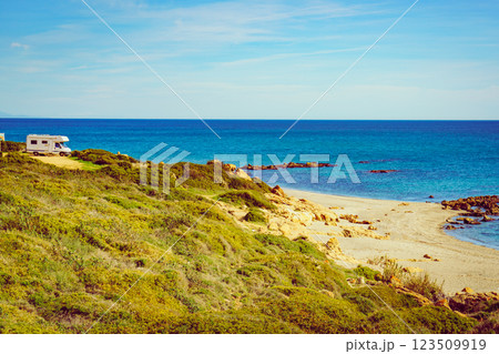 Caravan on beach by Punta Mala, Alcaidesa Spain Caravan on beach by Punta Mala, Alcaidesa Spain 123509919