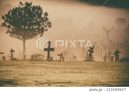 Haze in morning over Sad Hill Cemetery in Burgos, Spain Haze in morning over Sad Hill Cemetery in Burgos, Spain 123509927