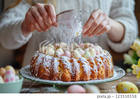 Close up of Woman pouring icing sugar on a traditional Easter cake 123510158