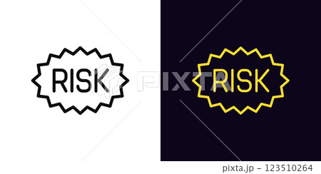 Outline high risk icon, with editable stroke. Warning tag with text Risk, caution label. Risk management and assessment, danger zone and threat control, financial problem, security rate. Vector icon 123510264