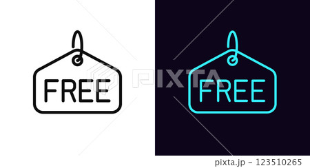 Outline free hangtag, with editable stroke. Promo label with text Free, shopping advertisement. Free gift offer, bonus shopping, gratis prize, offer without payment, zero price cost. Vector icon 123510265