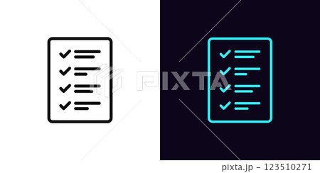 Outline checklist icon, with editable stroke. To do list with ticks, filled survey page. Checklist document, completed work tasks list, done business plan and report, filled questionnaire. Vector icon 123510271