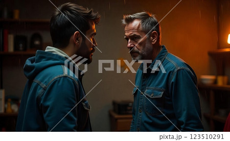 Angry father verbally attacking son, revealing deep rooted communication breakdown and emotional tension within dysfunctional family dynamic Angry father verbally attacking son, revealing deep rooted communication breakdown and emotional tension within dysfunctional family dynamic 123510291
